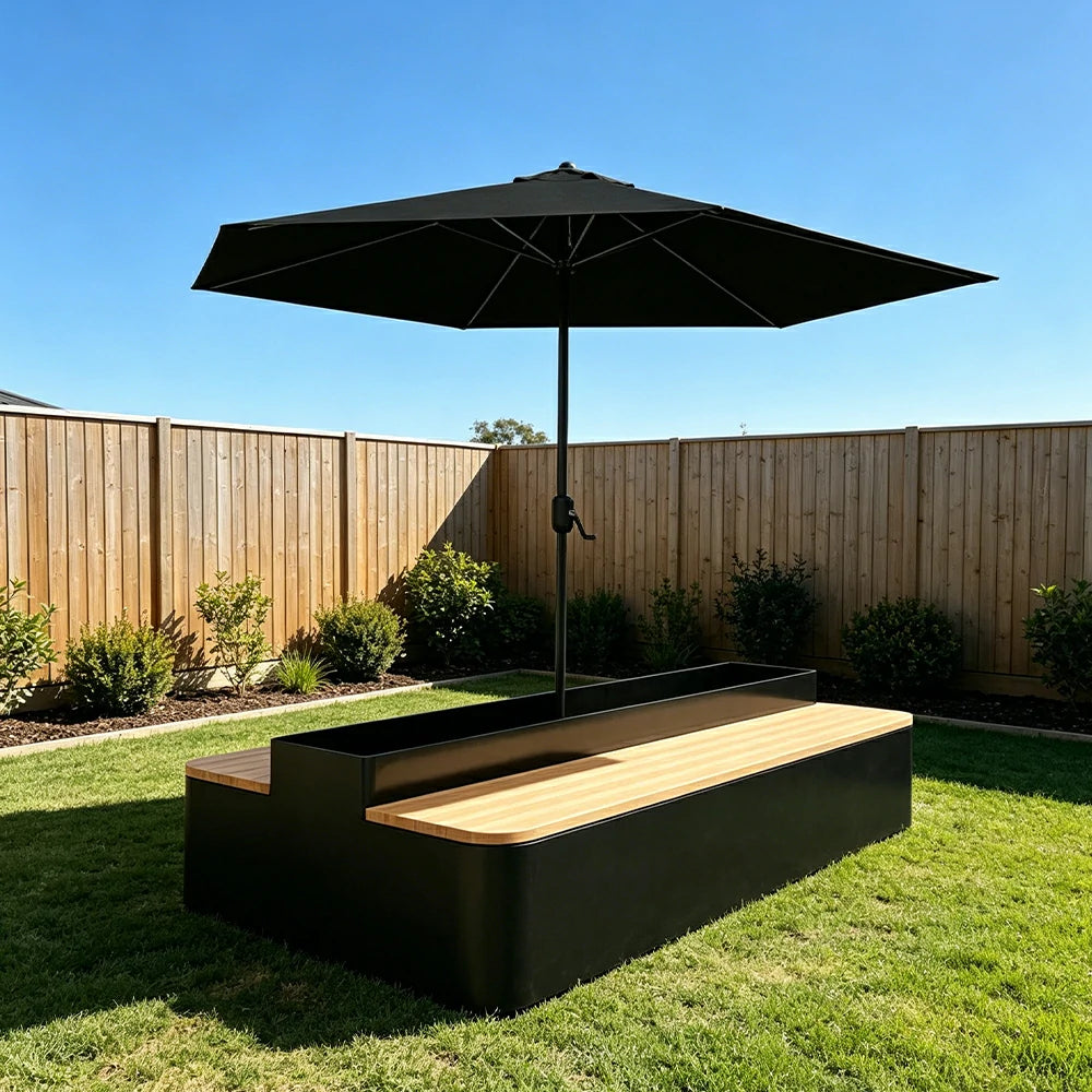 SOLARA Outdoor Planter Bench with Umbrella Double-Sided Seating 100/150/180cm Patio Cafe Garden Use - Black