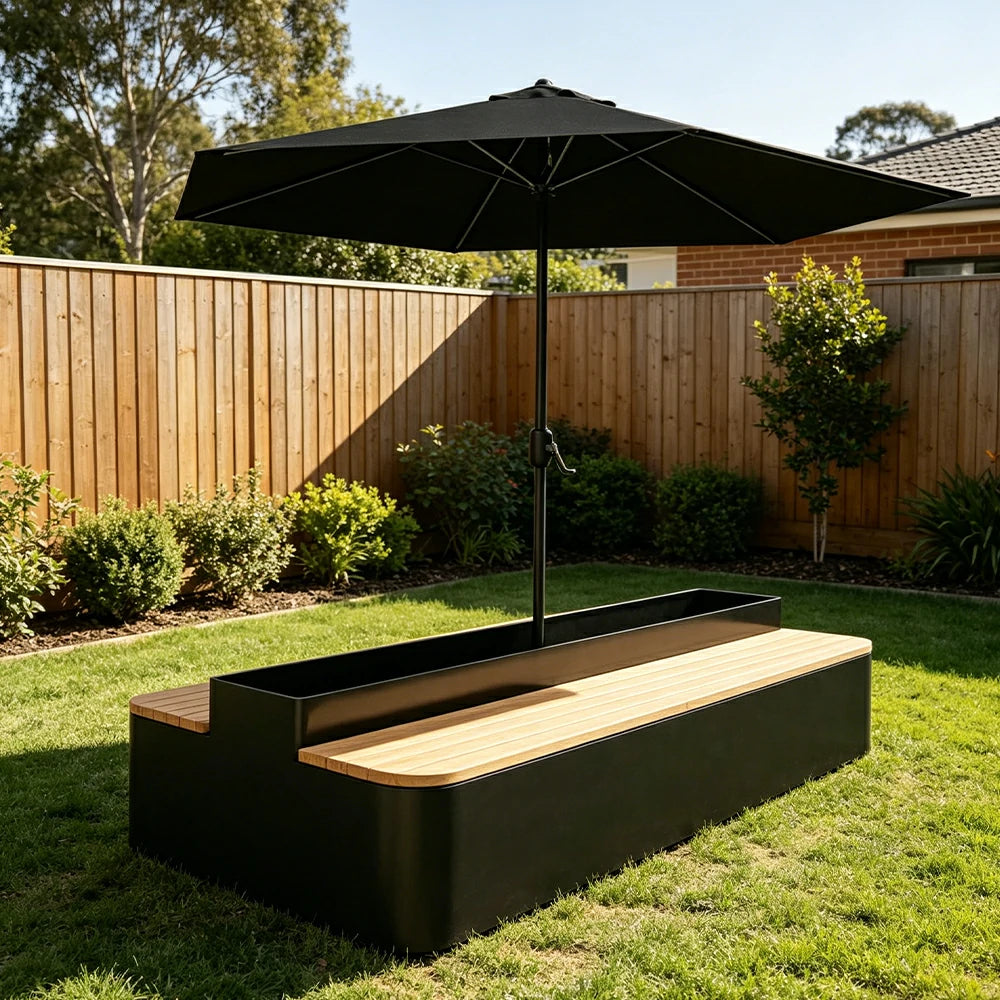 SOLARA Outdoor Planter Bench with Umbrella Double-Sided Seating 100/150/180cm Patio Cafe Garden Use - Black