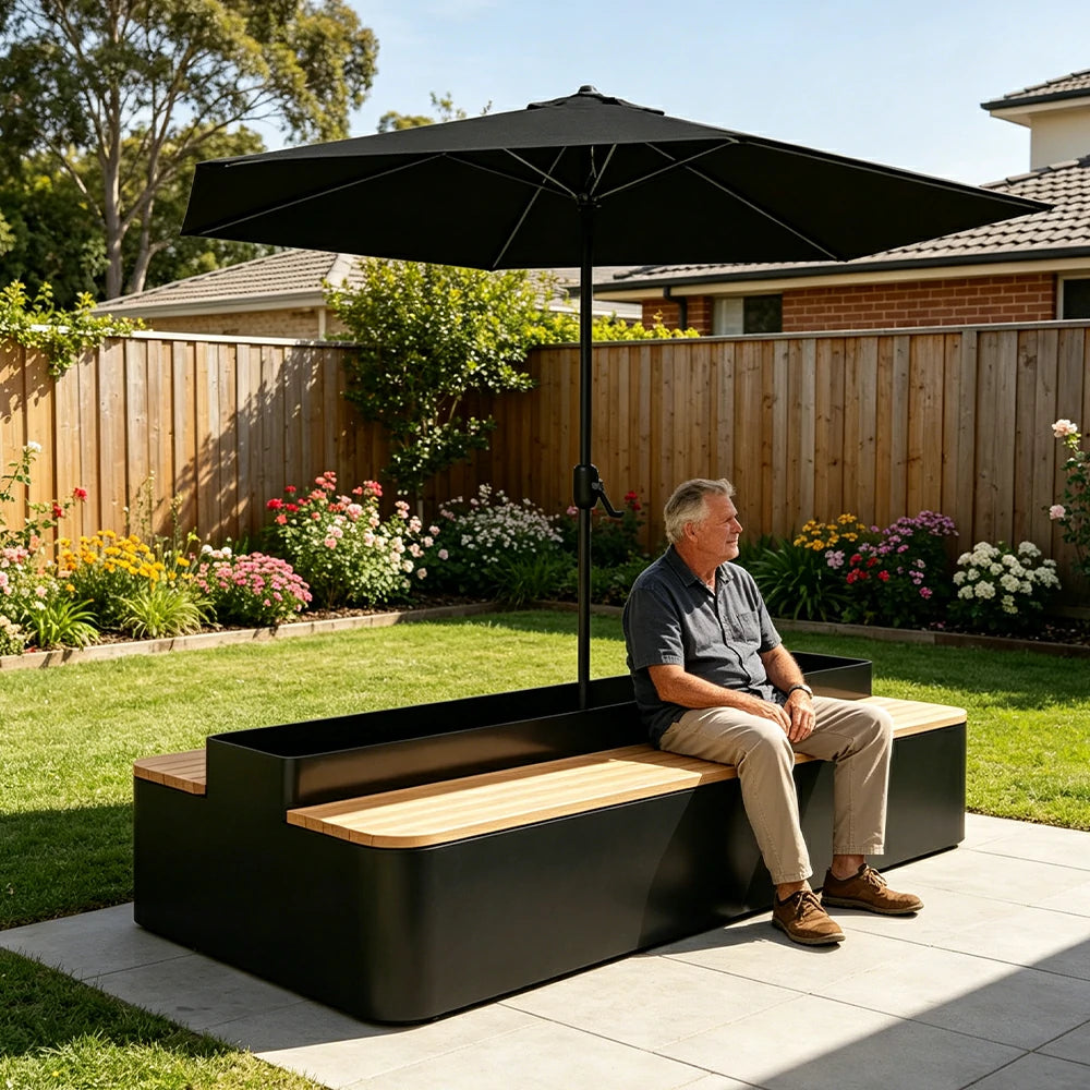 SOLARA Outdoor Planter Bench with Umbrella Double-Sided Seating 100/150/180cm Patio Cafe Garden Use - Black