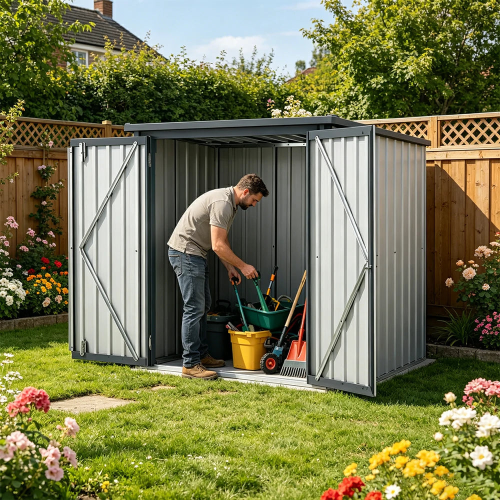 SOLARA Outdoor Metal Storage Shed Weatherproof Sloped Roof Reinforced Frame Rust Resistant Garden Backyard Tool Storage - Grey