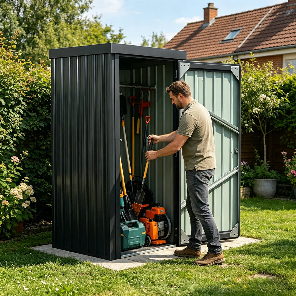 SOLARA Outdoor Metal Storage Shed Weatherproof Sloped Roof Reinforced Frame Rust Resistant Garden Backyard Tool Storage - Green