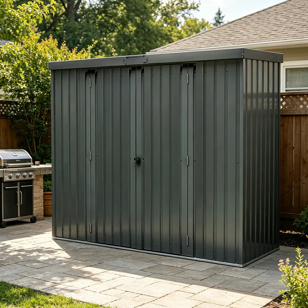 SOLARA Outdoor Metal Storage Shed Large Capacity Double Door Weatherproof Sloped Roof Reinforced Frame Garden Backyard Tool Storage - Grey