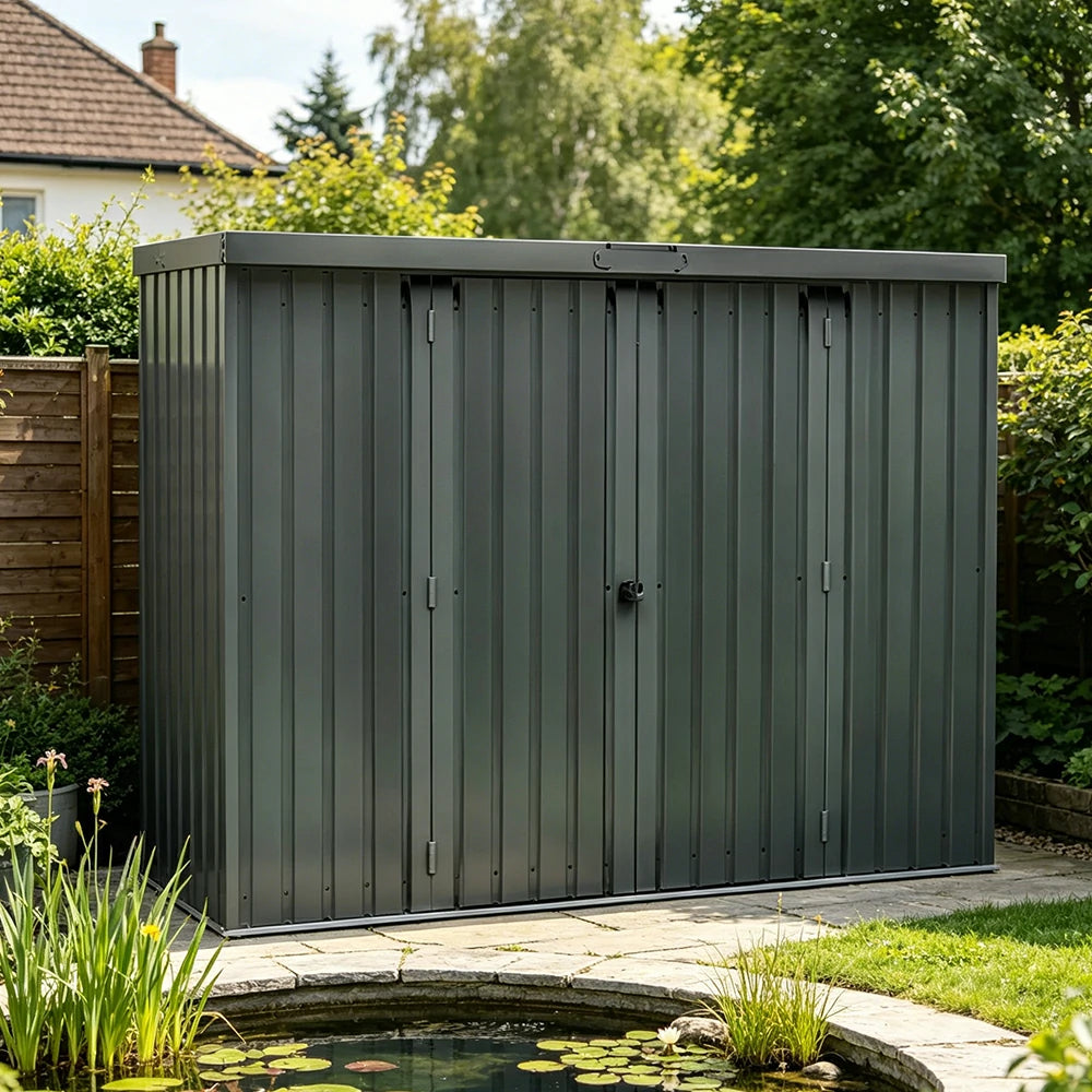 SOLARA Outdoor Metal Storage Shed Large Capacity Double Door Weatherproof Sloped Roof Reinforced Frame Garden Backyard Tool Storage - Grey