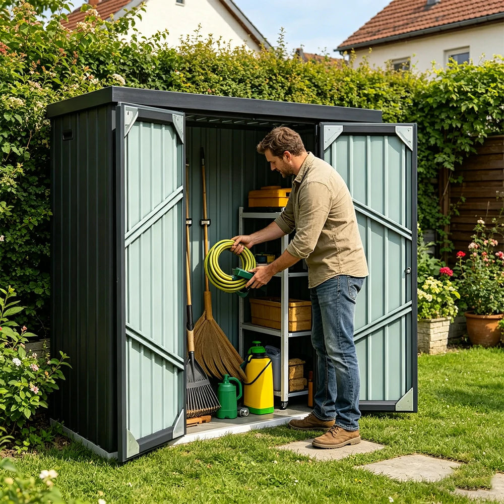 SOLARA Outdoor Metal Storage Shed Large Capacity Double Door Weatherproof Sloped Roof Reinforced Frame Garden Backyard Tool Storage - Grey