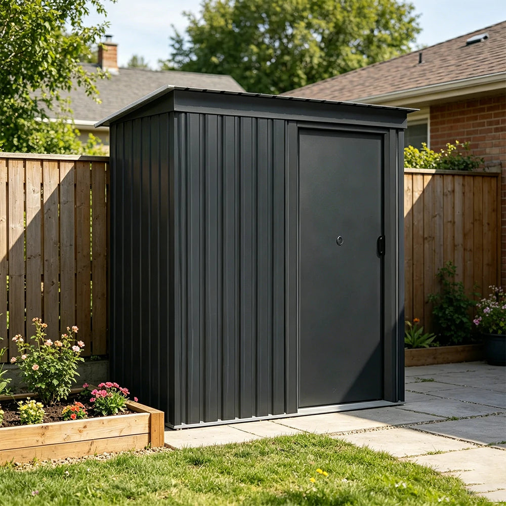 SOLARA Outdoor Metal Storage Shed Single Door Compact Design Weatherproof Sloped Roof Reinforced Frame Garden Backyard Tool Storage - Black