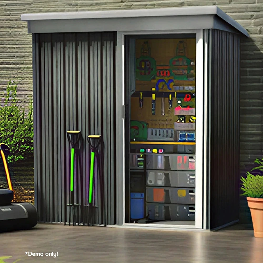 SOLARA Outdoor Metal Storage Shed Single Door Compact Design Weatherproof Sloped Roof Reinforced Frame Garden Backyard Tool Storage - Black