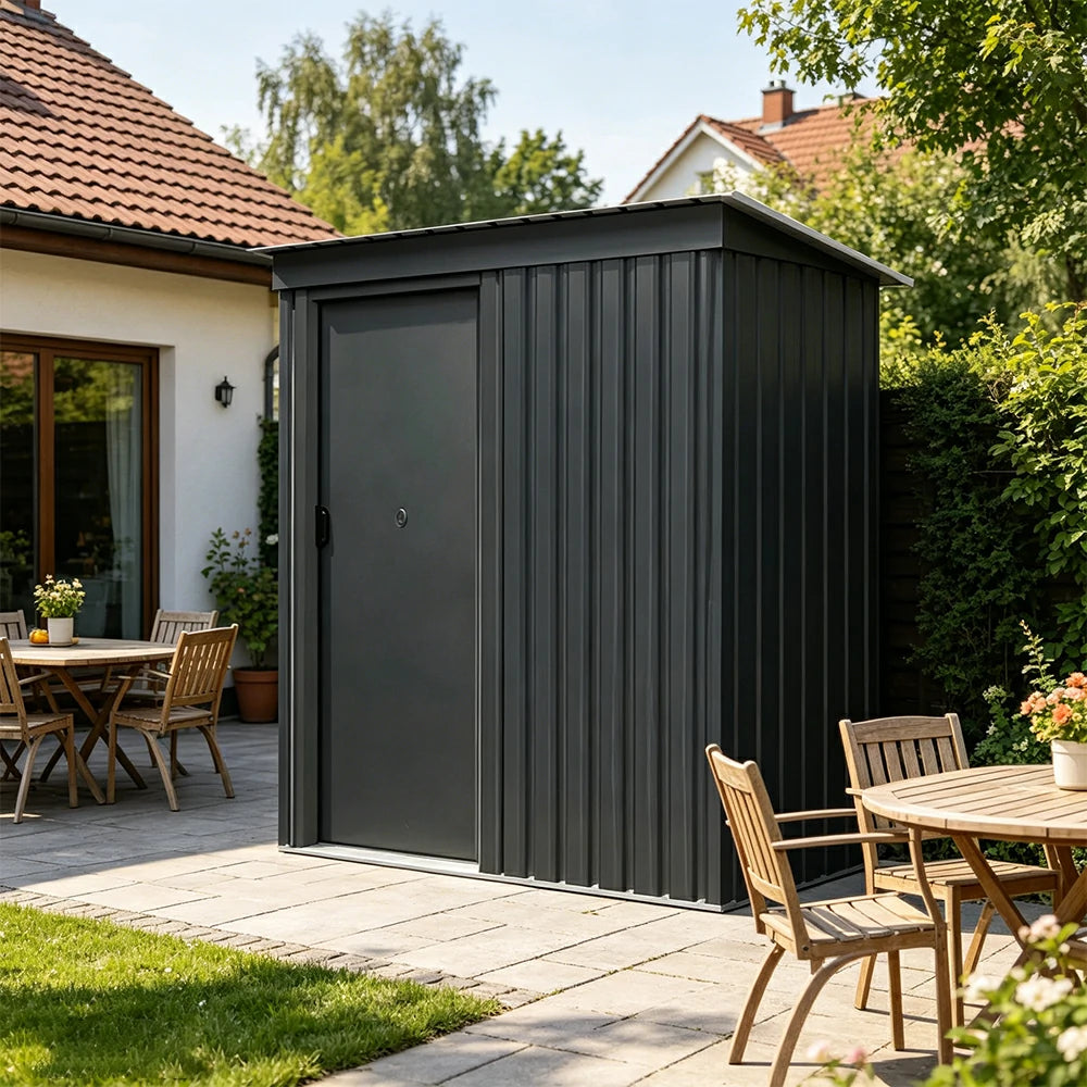 SOLARA Outdoor Metal Storage Shed Single Door Compact Design Weatherproof Sloped Roof Reinforced Frame Garden Backyard Tool Storage - Black