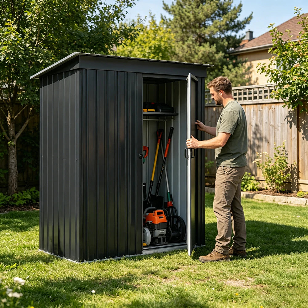 SOLARA Outdoor Metal Storage Shed Single Door Compact Design Weatherproof Sloped Roof Reinforced Frame Garden Backyard Tool Storage - Black