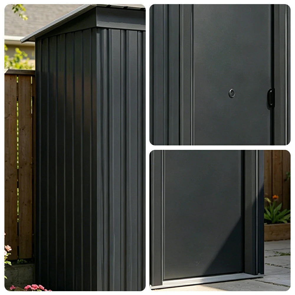 SOLARA Outdoor Metal Storage Shed Single Door Compact Design Weatherproof Sloped Roof Reinforced Frame Garden Backyard Tool Storage - Black