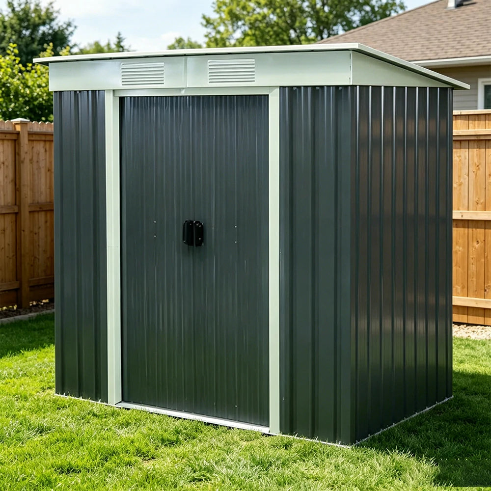 SOLARA Outdoor Metal Storage Shed Double Door Weatherproof Sloped Roof Reinforced Frame Rust Resistant Garden Backyard Tool Storage - Green