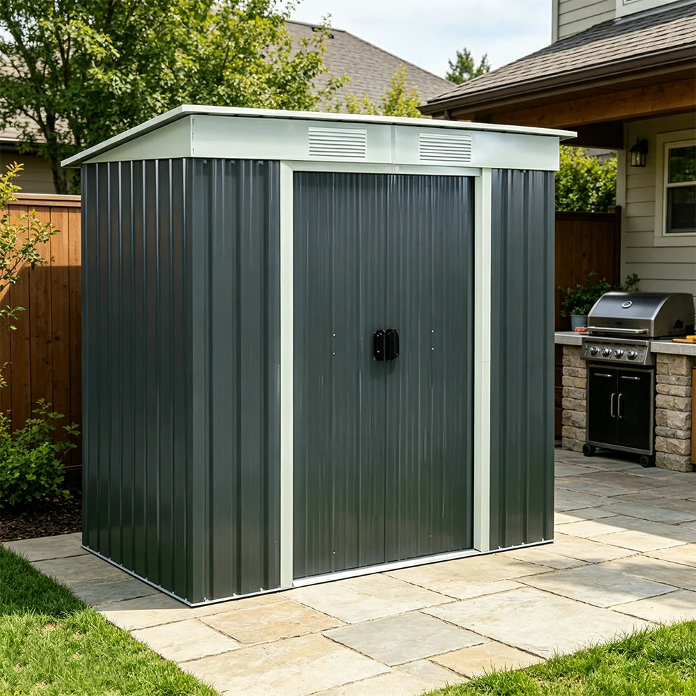 SOLARA Outdoor Metal Storage Shed Double Door Weatherproof Sloped Roof Reinforced Frame Rust Resistant Garden Backyard Tool Storage - Green