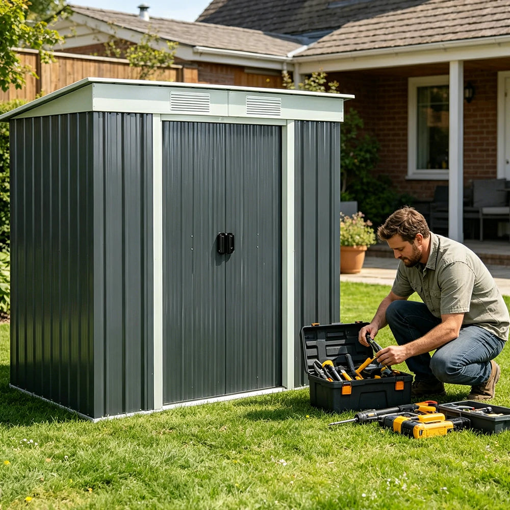 SOLARA Outdoor Metal Storage Shed Double Door Weatherproof Sloped Roof Reinforced Frame Rust Resistant Garden Backyard Tool Storage - Green