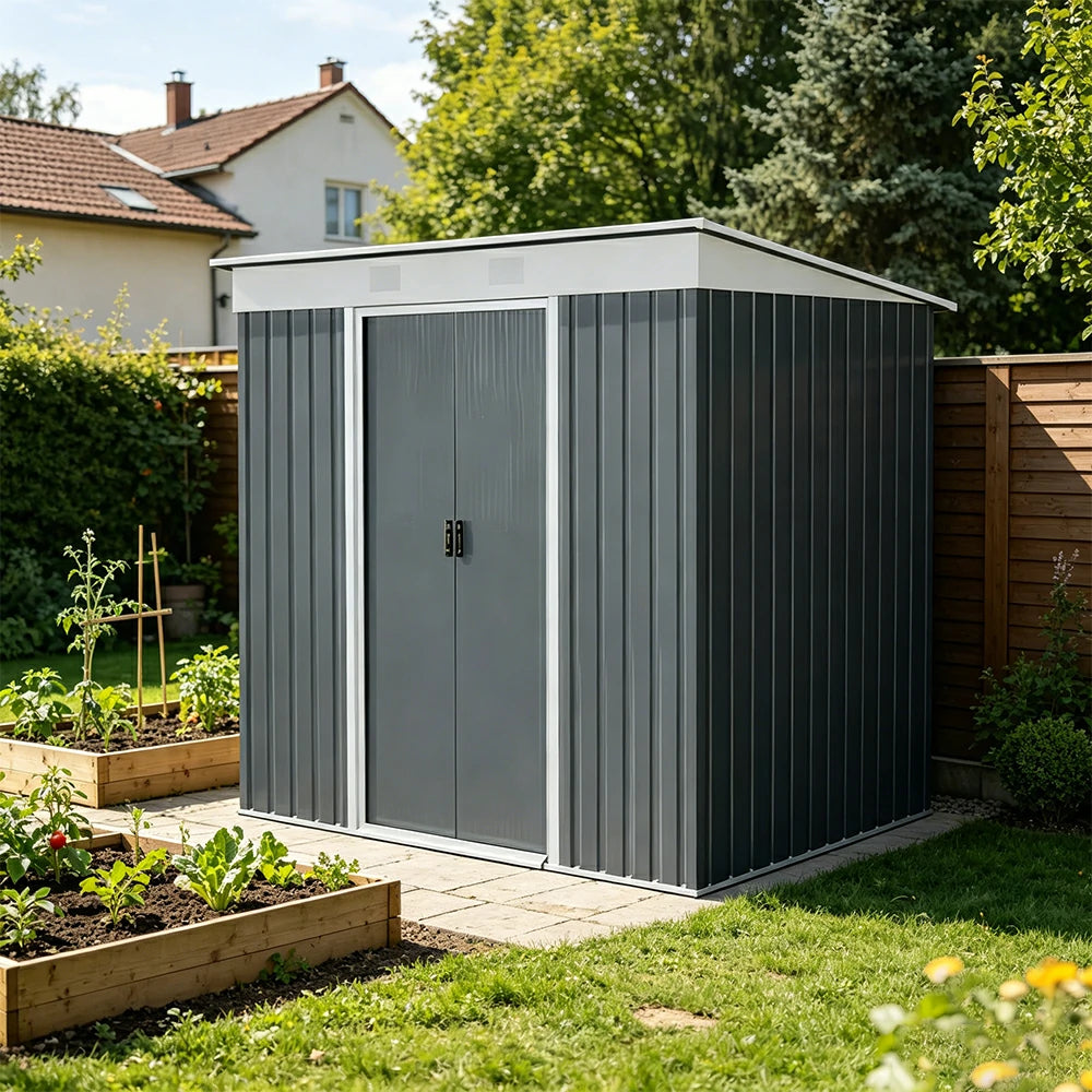 SOLARA Outdoor Metal Storage Shed Large Capacity Double Door Weatherproof Sloped Roof Reinforced Frame Garden Backyard Tool Storage - Grey