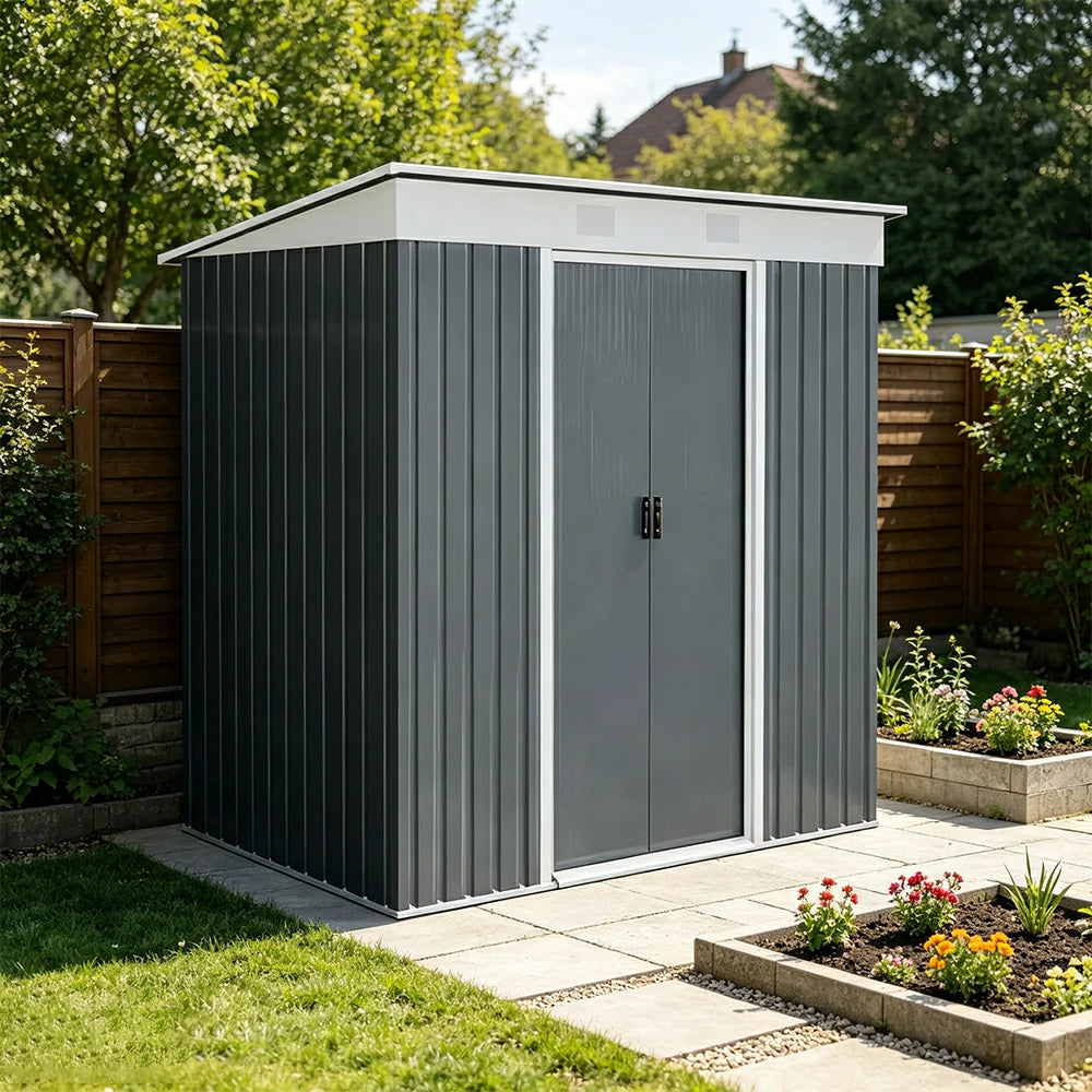 SOLARA Outdoor Metal Storage Shed Large Capacity Double Door Weatherproof Sloped Roof Reinforced Frame Garden Backyard Tool Storage - Grey
