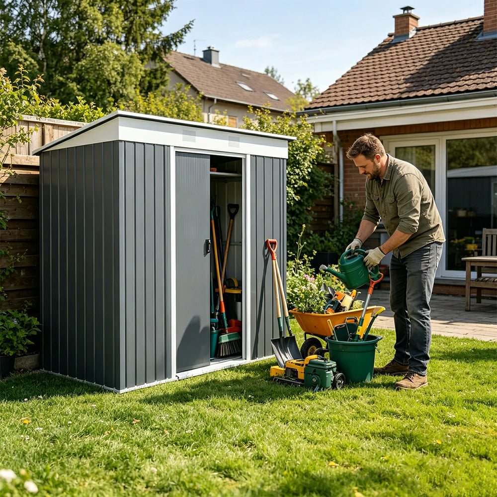 SOLARA Outdoor Metal Storage Shed Large Capacity Double Door Weatherproof Sloped Roof Reinforced Frame Garden Backyard Tool Storage - Grey