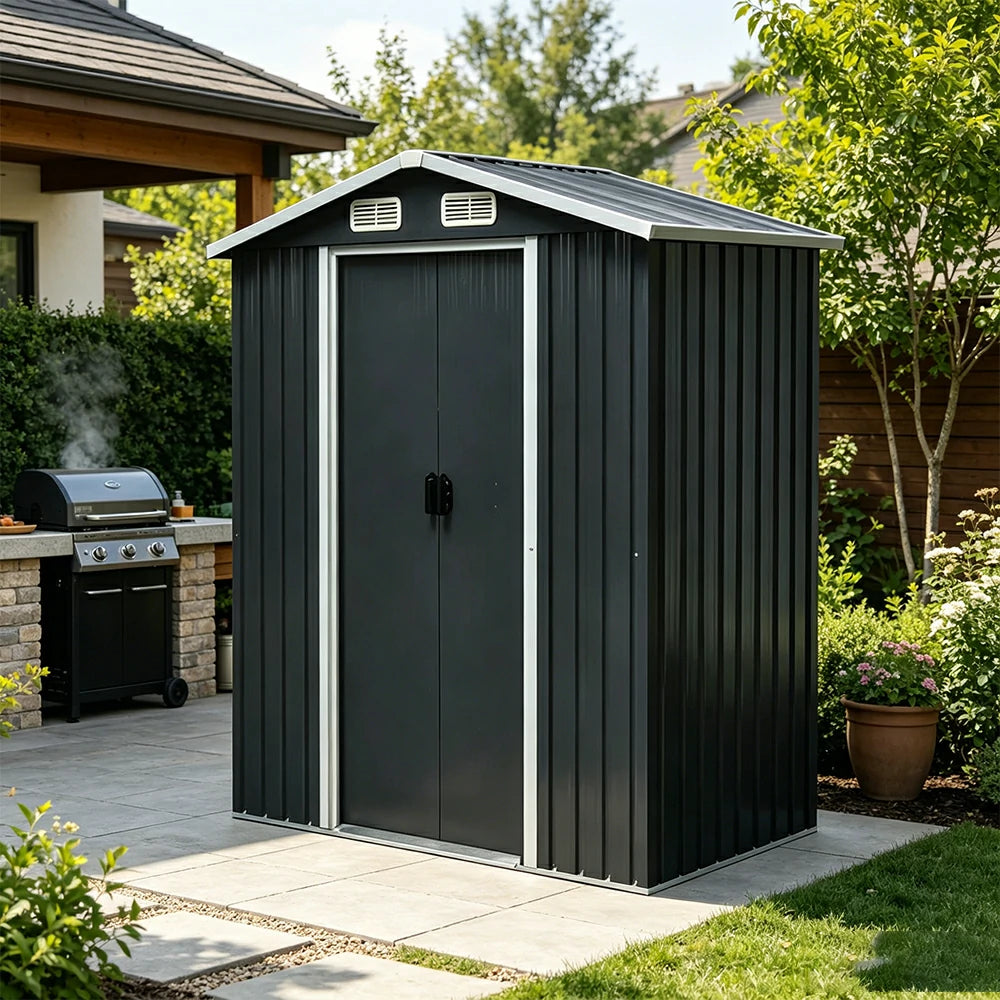 SOLARA Outdoor Metal Storage Shed Double Door Ventilated Design Weatherproof Sloped Roof Reinforced Frame Garden Backyard Tool Storage - Black