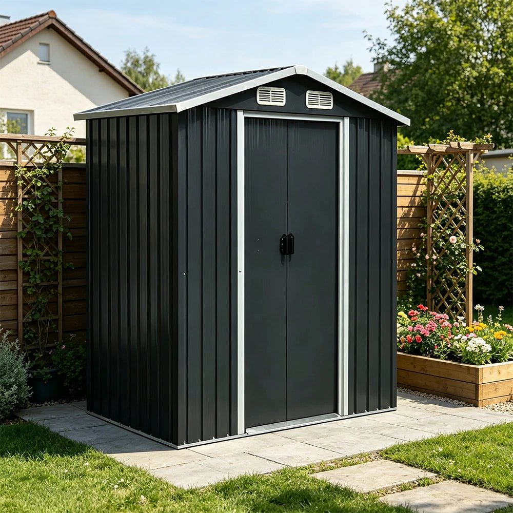 SOLARA Outdoor Metal Storage Shed Double Door Ventilated Design Weatherproof Sloped Roof Reinforced Frame Garden Backyard Tool Storage - Black