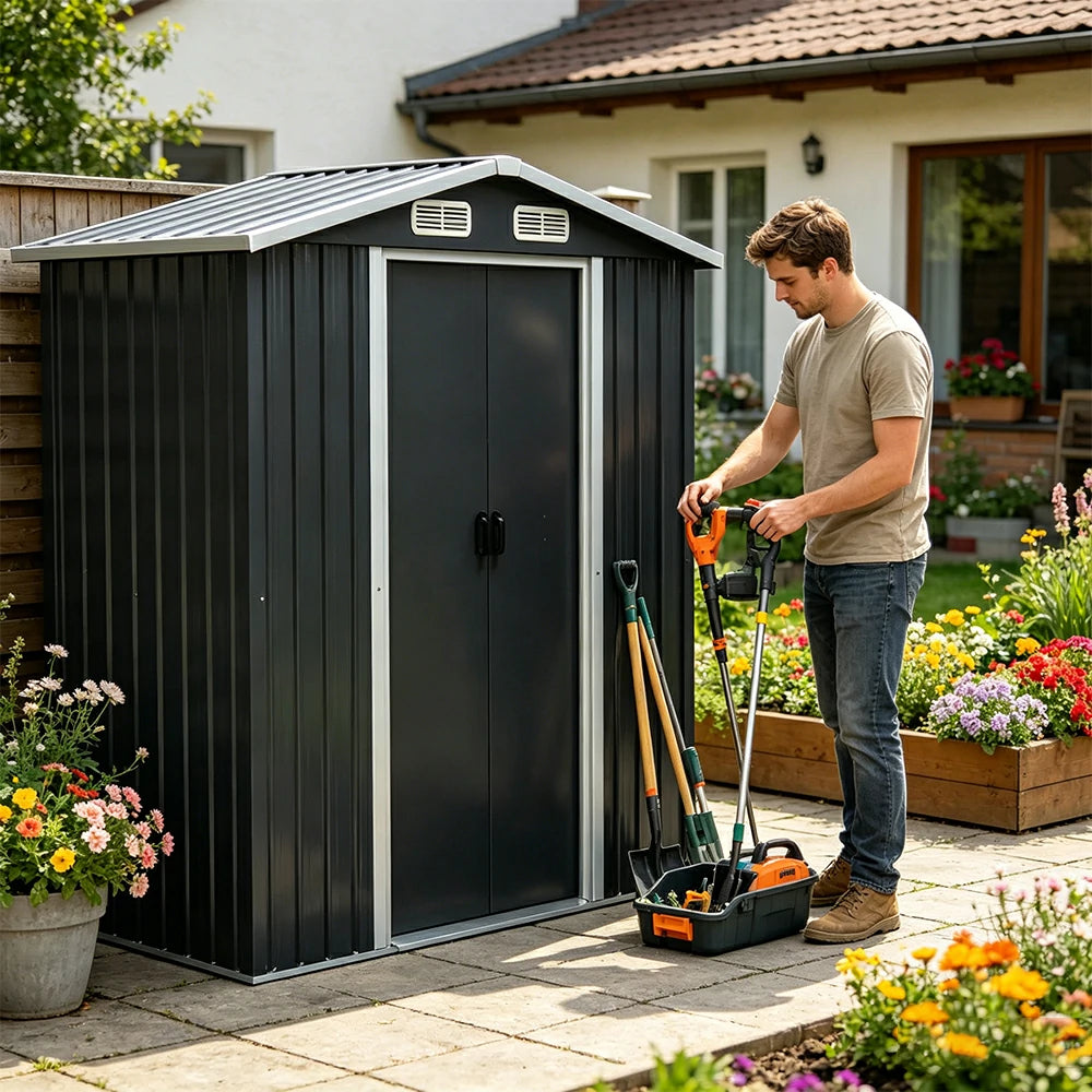 SOLARA Outdoor Metal Storage Shed Double Door Ventilated Design Weatherproof Sloped Roof Reinforced Frame Garden Backyard Tool Storage - Black