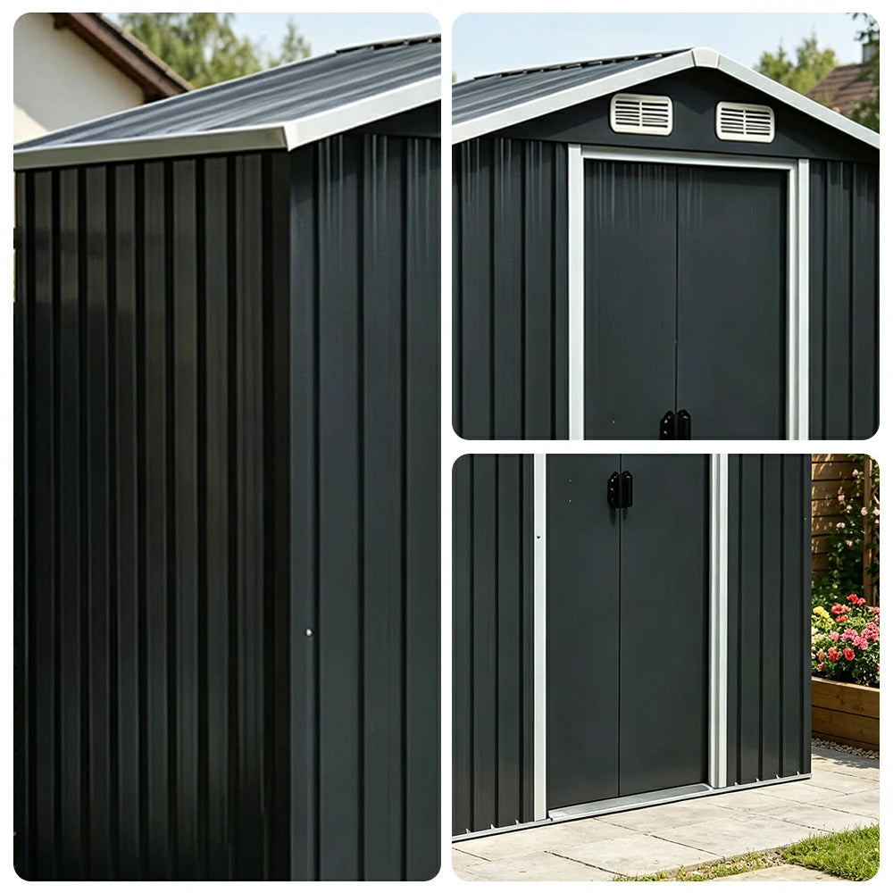 SOLARA Outdoor Metal Storage Shed Double Door Ventilated Design Weatherproof Sloped Roof Reinforced Frame Garden Backyard Tool Storage - Black
