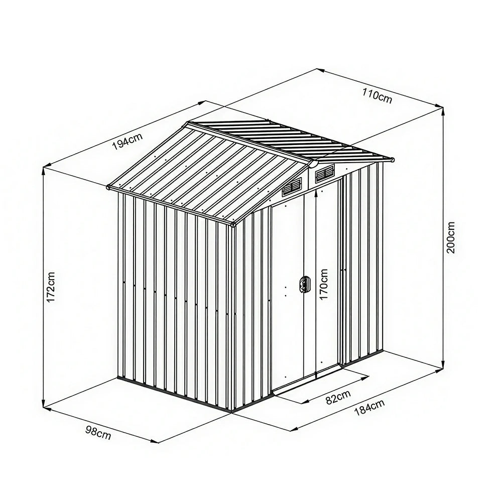 SOLARA Outdoor Metal Storage Shed Double Door Ventilated Design Weatherproof Sloped Roof Reinforced Frame Garden Backyard Tool Storage - Black