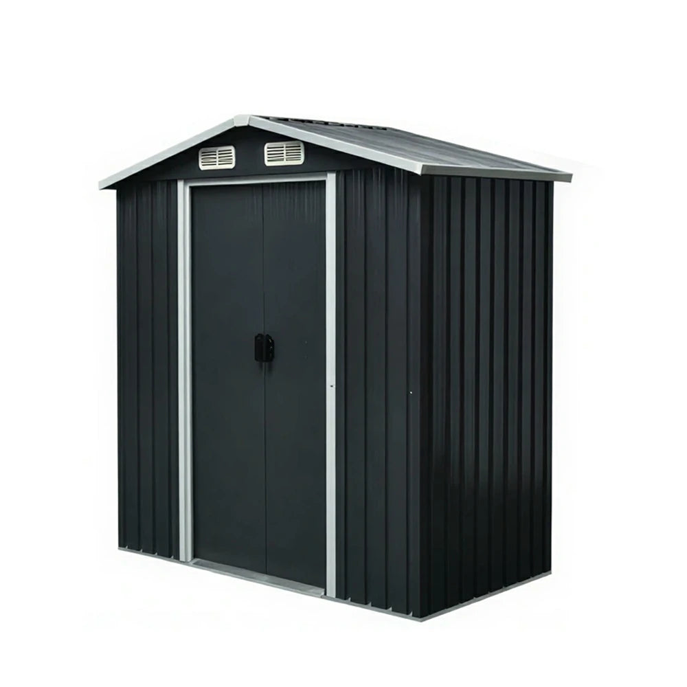 SOLARA Outdoor Metal Storage Shed Double Door Ventilated Design Weatherproof Sloped Roof Reinforced Frame Garden Backyard Tool Storage - Black