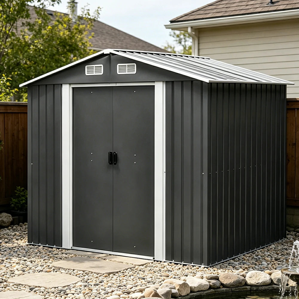SOLARA Outdoor Metal Storage Shed Extra Large Double Door Ventilated Weatherproof Sloped Roof Reinforced Frame Garden Backyard Tool Storage - Black