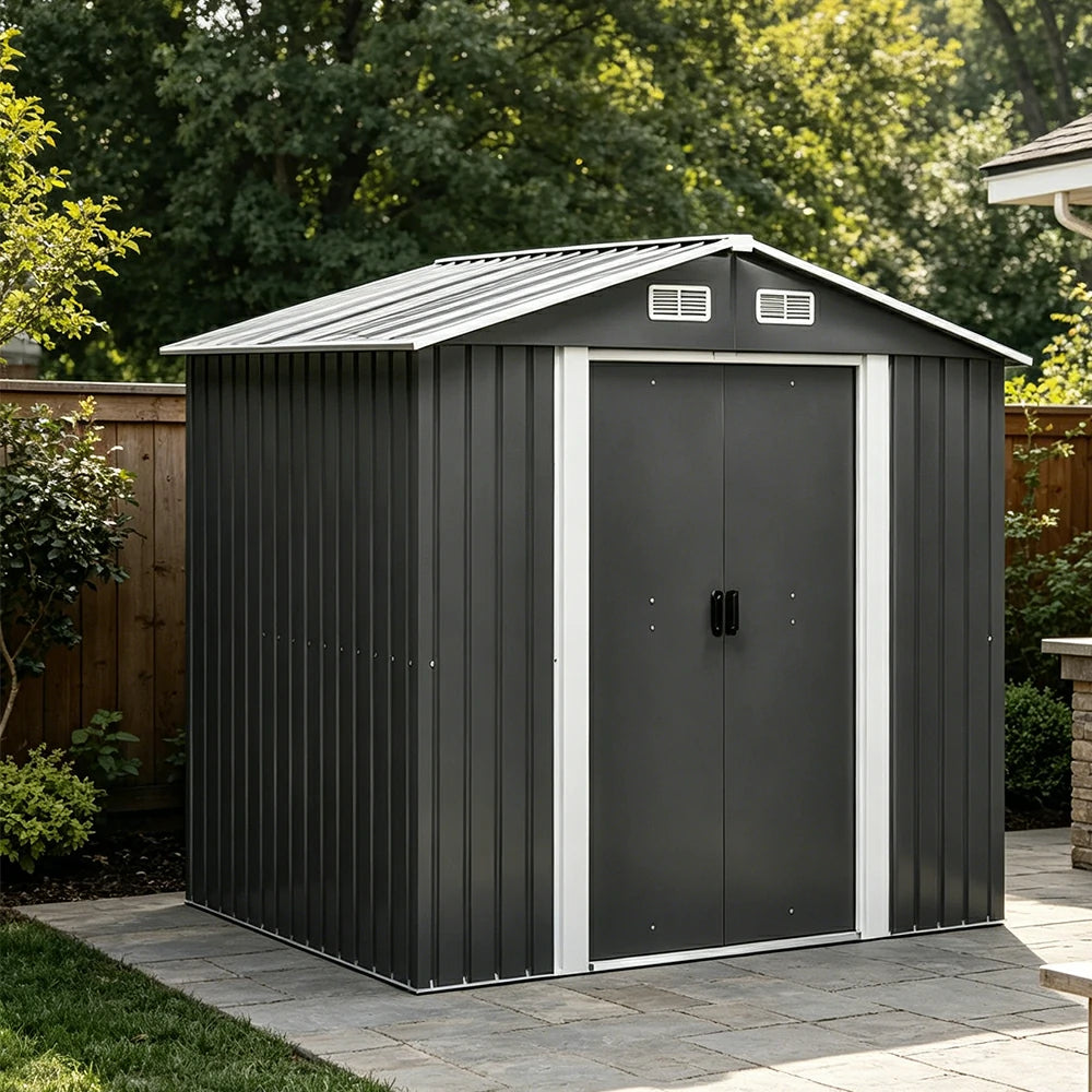 SOLARA Outdoor Metal Storage Shed Extra Large Double Door Ventilated Weatherproof Sloped Roof Reinforced Frame Garden Backyard Tool Storage - Black
