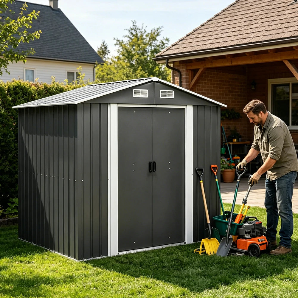 SOLARA Outdoor Metal Storage Shed Extra Large Double Door Ventilated Weatherproof Sloped Roof Reinforced Frame Garden Backyard Tool Storage - Black
