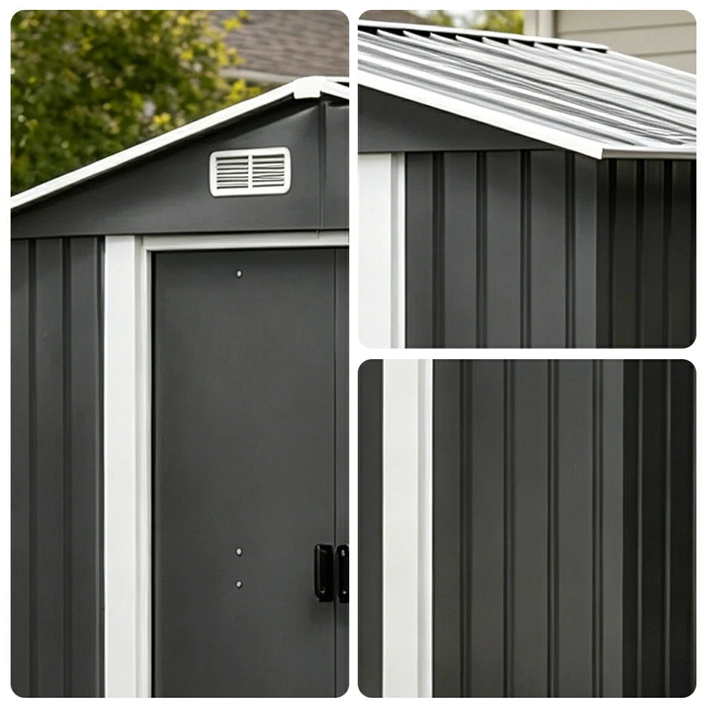 SOLARA Outdoor Metal Storage Shed Extra Large Double Door Ventilated Weatherproof Sloped Roof Reinforced Frame Garden Backyard Tool Storage - Black