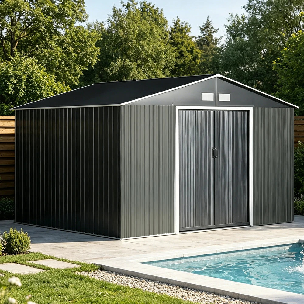 SOLARA Extra Large Outdoor Metal Storage Shed Heavy Duty Double Door Weatherproof Sloped Roof Garden Backyard Warehouse Storage - Black