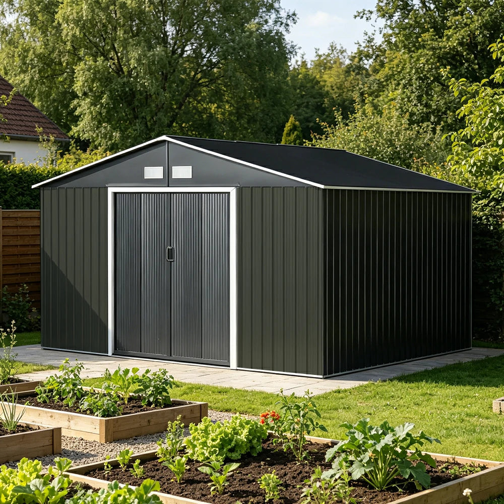SOLARA Extra Large Outdoor Metal Storage Shed Heavy Duty Double Door Weatherproof Sloped Roof Garden Backyard Warehouse Storage - Black