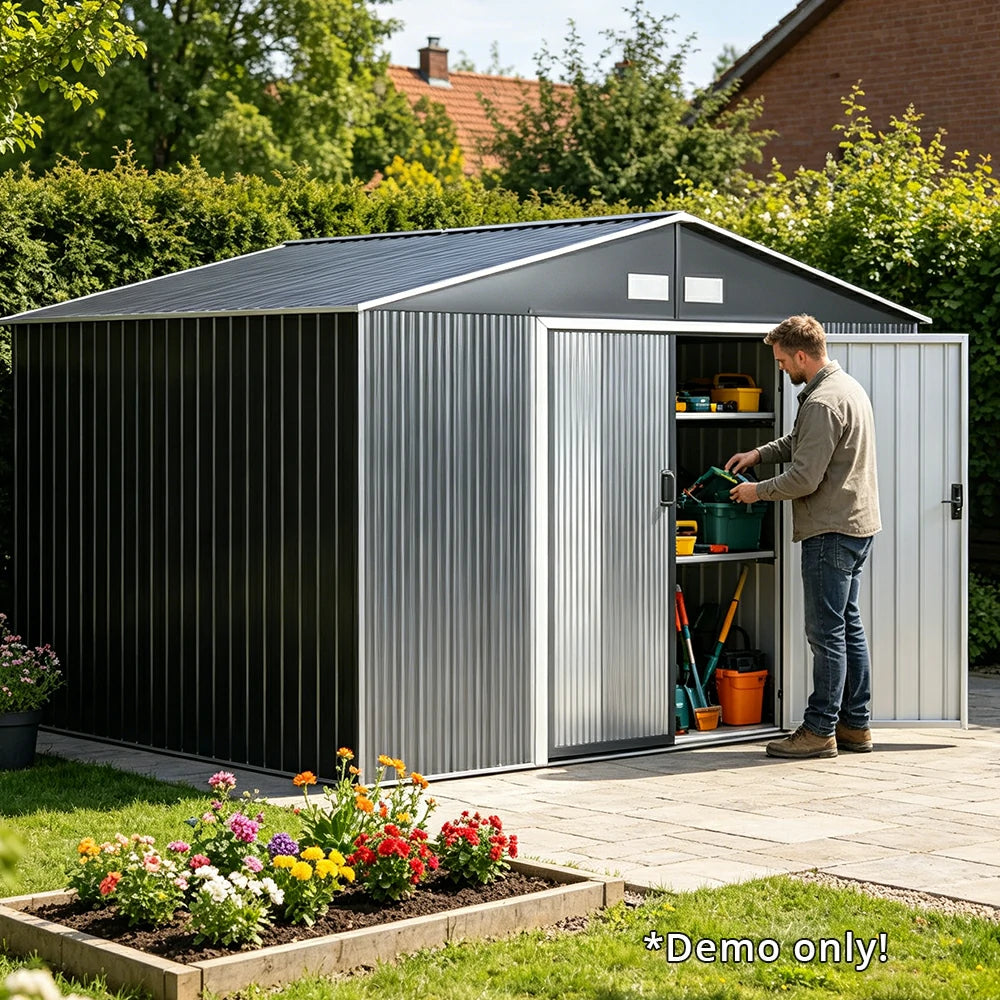 SOLARA Extra Large Outdoor Metal Storage Shed Heavy Duty Double Door Weatherproof Sloped Roof Garden Backyard Warehouse Storage - Black
