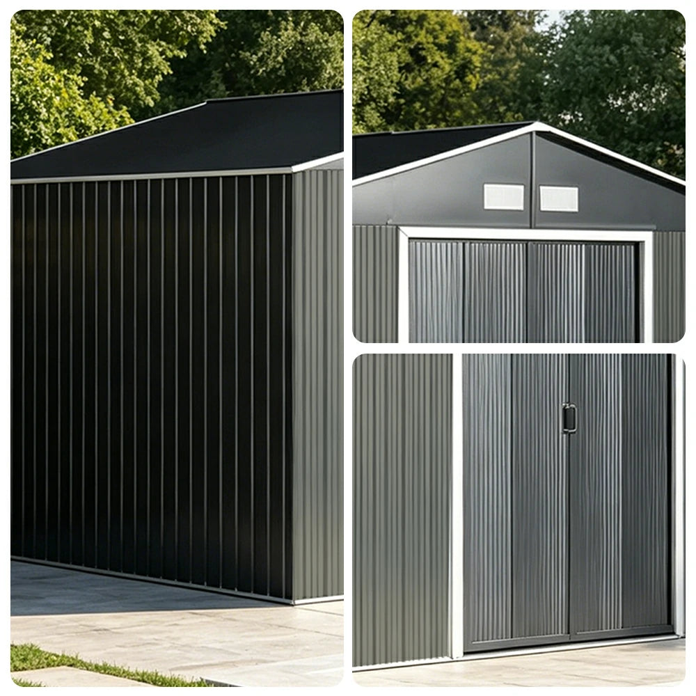 SOLARA Extra Large Outdoor Metal Storage Shed Heavy Duty Double Door Weatherproof Sloped Roof Garden Backyard Warehouse Storage - Black
