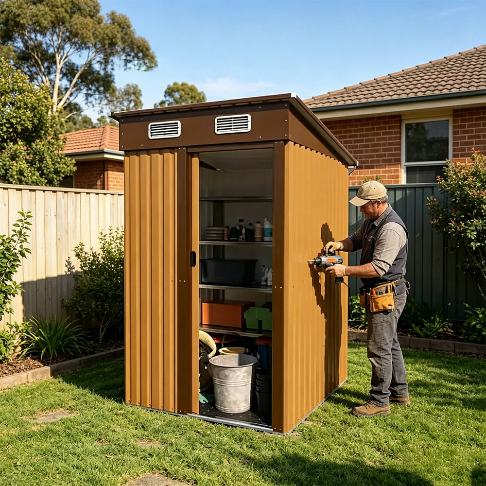 SOLARA Outdoor Storage Shed Sloped Roof Weatherproof Steel Large Capacity for Garden Patio Backyard - Brown