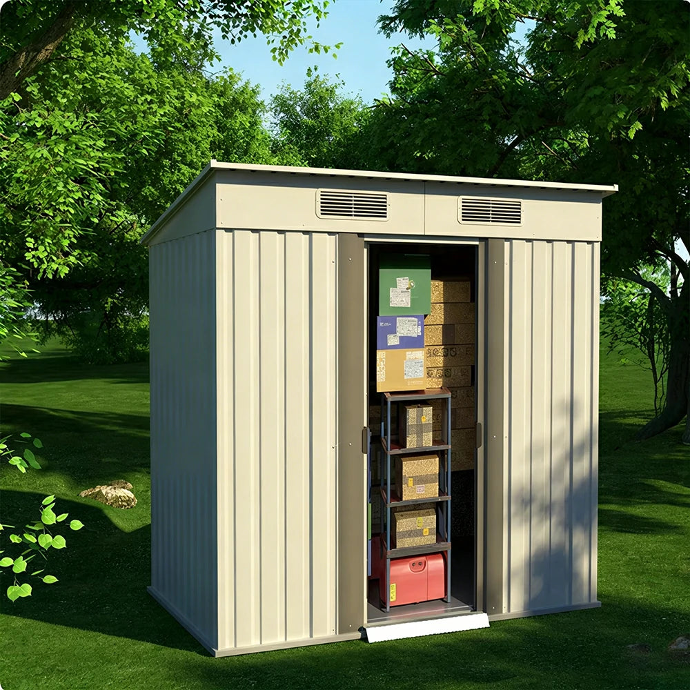 SOLARA Yard Storage Shed Sloped Roof High Strength Steel Sliding Door Secure for Tools Bicycles - White