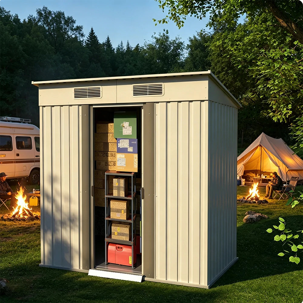 SOLARA Yard Storage Shed Sloped Roof High Strength Steel Sliding Door Secure for Tools Bicycles - White