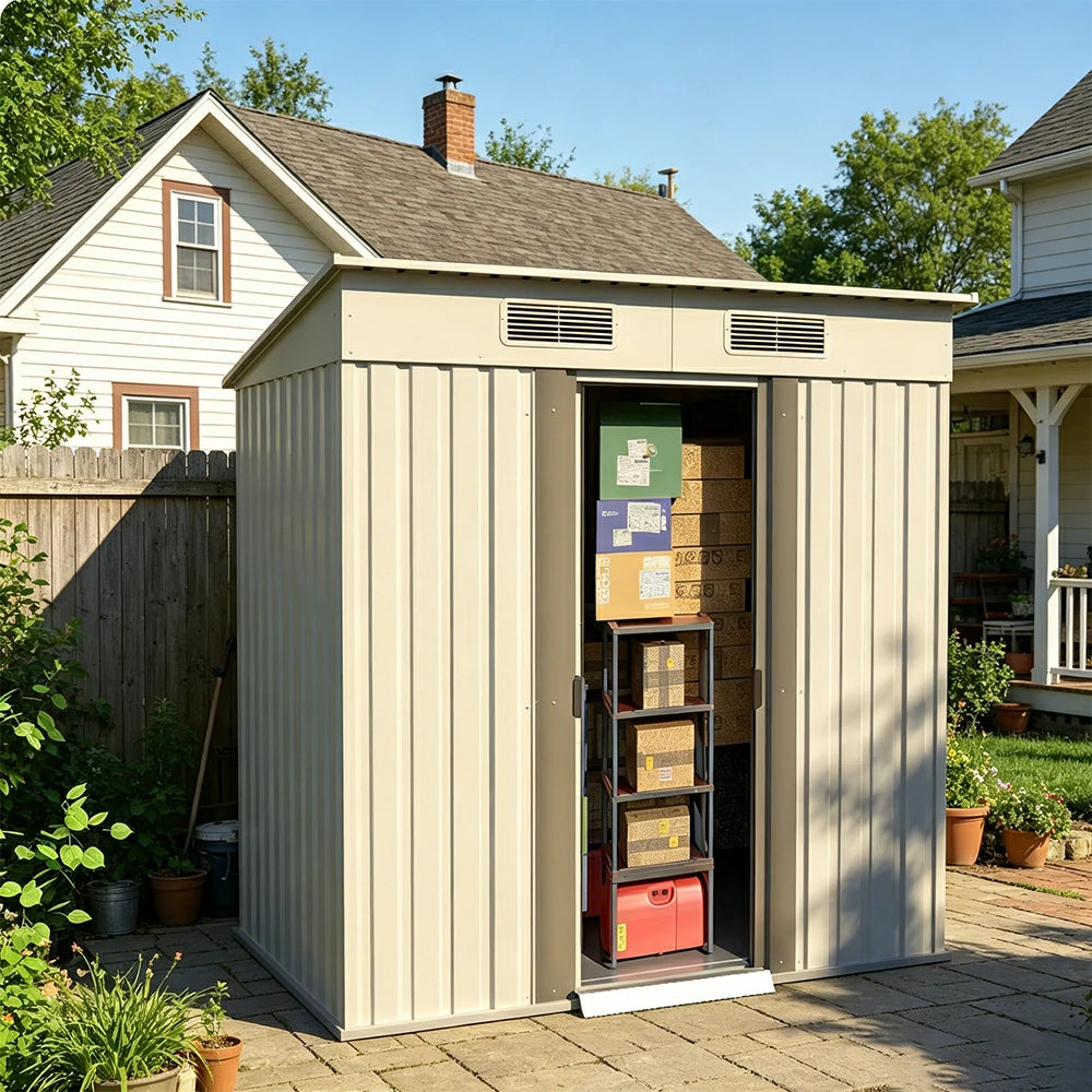 SOLARA Yard Storage Shed Sloped Roof High Strength Steel Sliding Door Secure for Tools Bicycles - White