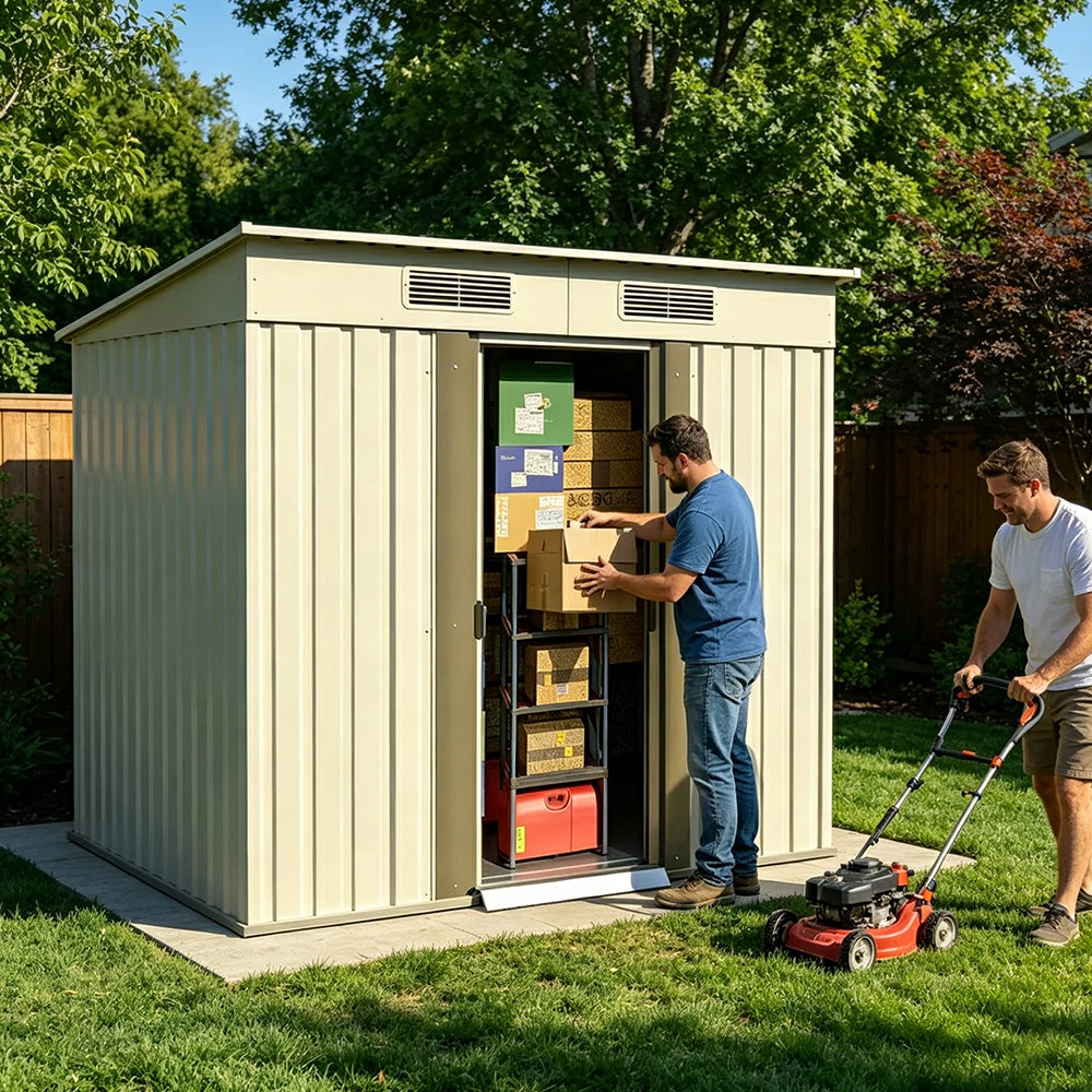 SOLARA Yard Storage Shed Sloped Roof High Strength Steel Sliding Door Secure for Tools Bicycles - White