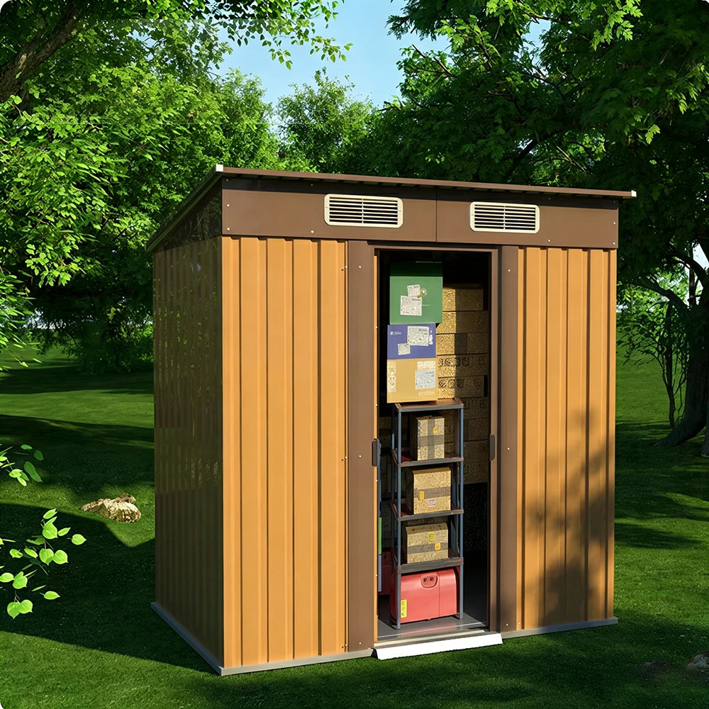 SOLARA Yard Storage Shed Sloped Roof High Strength Steel Sliding Door Secure for Tools Bicycles - Brown