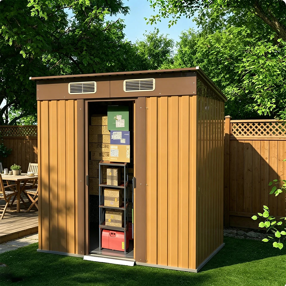 SOLARA Yard Storage Shed Sloped Roof High Strength Steel Sliding Door Secure for Tools Bicycles - Brown