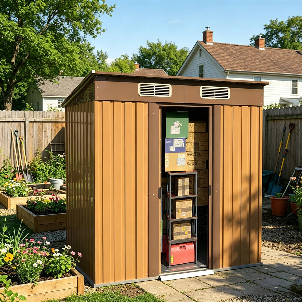 SOLARA Yard Storage Shed Sloped Roof High Strength Steel Sliding Door Secure for Tools Bicycles - Brown
