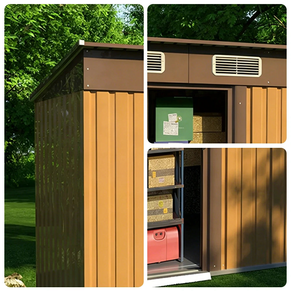 SOLARA Yard Storage Shed Sloped Roof High Strength Steel Sliding Door Secure for Tools Bicycles - Brown