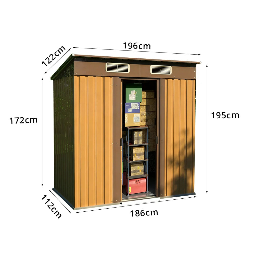SOLARA Yard Storage Shed Sloped Roof High Strength Steel Sliding Door Secure for Tools Bicycles - Brown