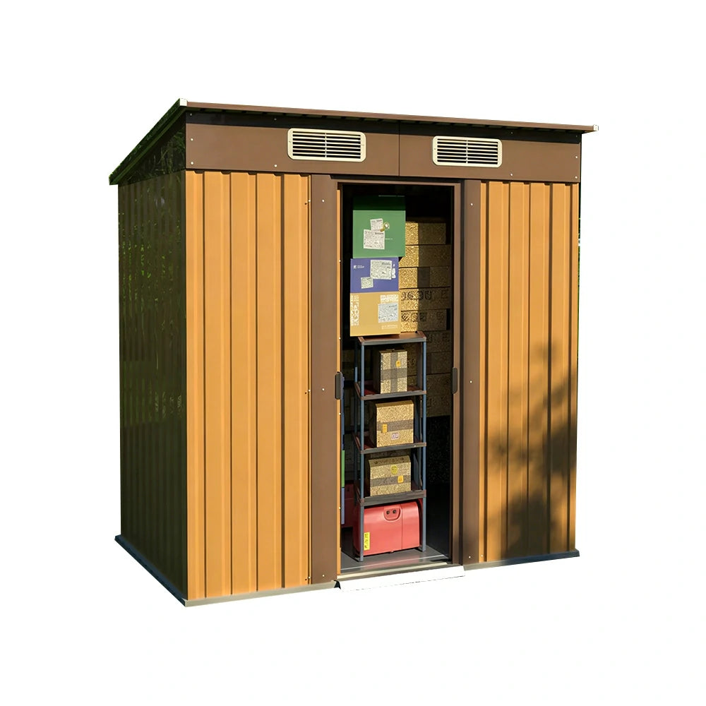 SOLARA Yard Storage Shed Sloped Roof High Strength Steel Sliding Door Secure for Tools Bicycles - Brown