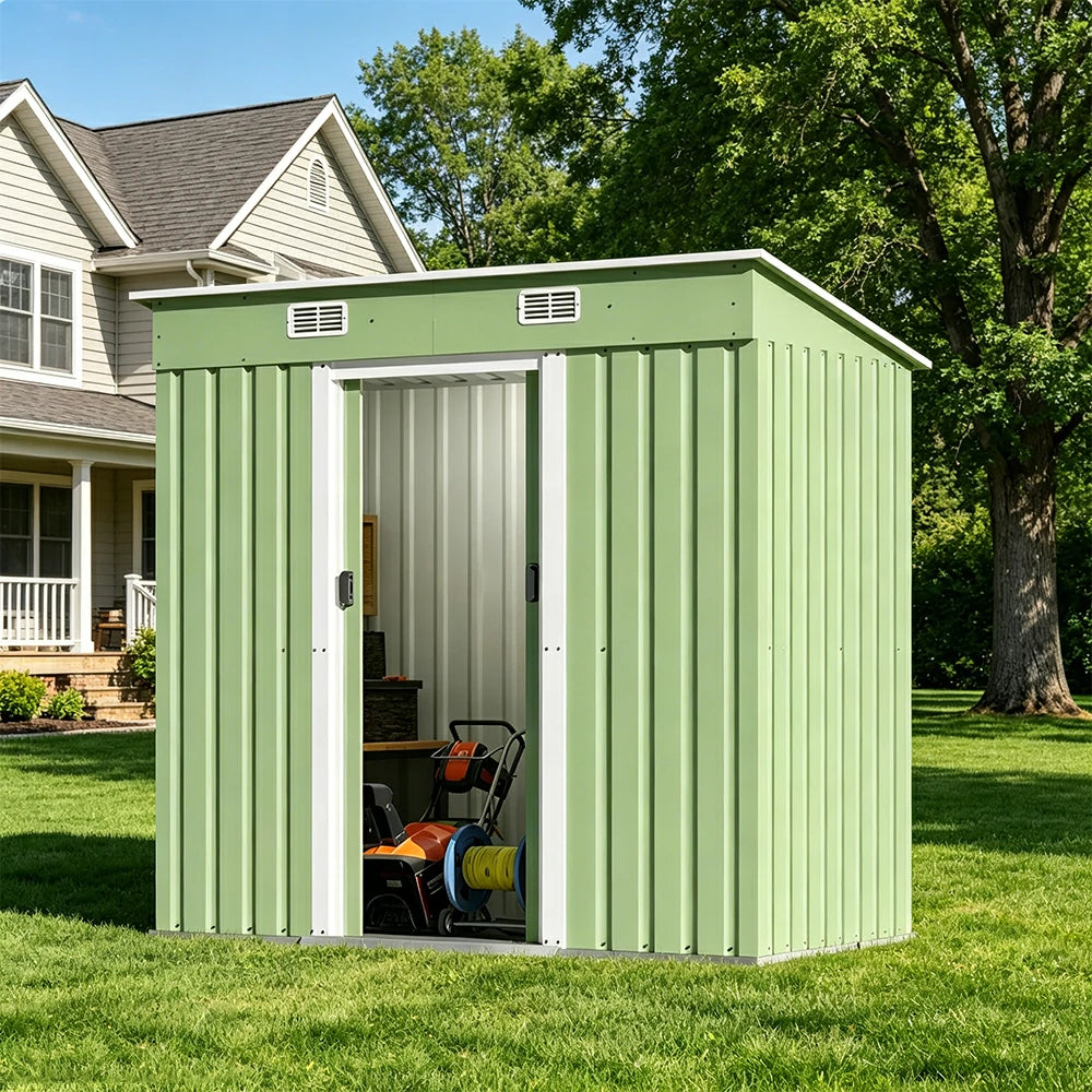 SOLARA Yard Storage Shed Sloped Roof High Strength Steel Sliding Door Secure for Tools Bicycles - Green