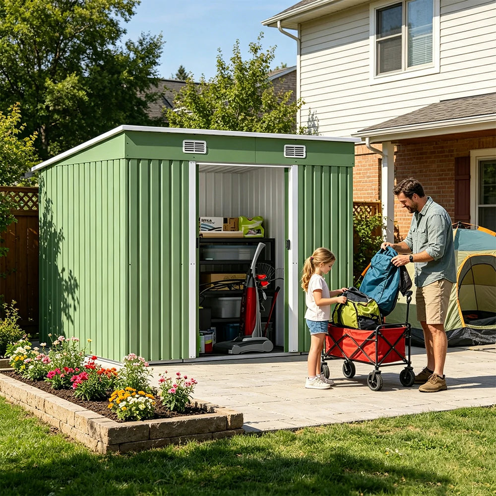 SOLARA Garden Storage Shed Sloped Roof Rust Resistant Ventilated Multi Purpose Outdoor Organizer - Green