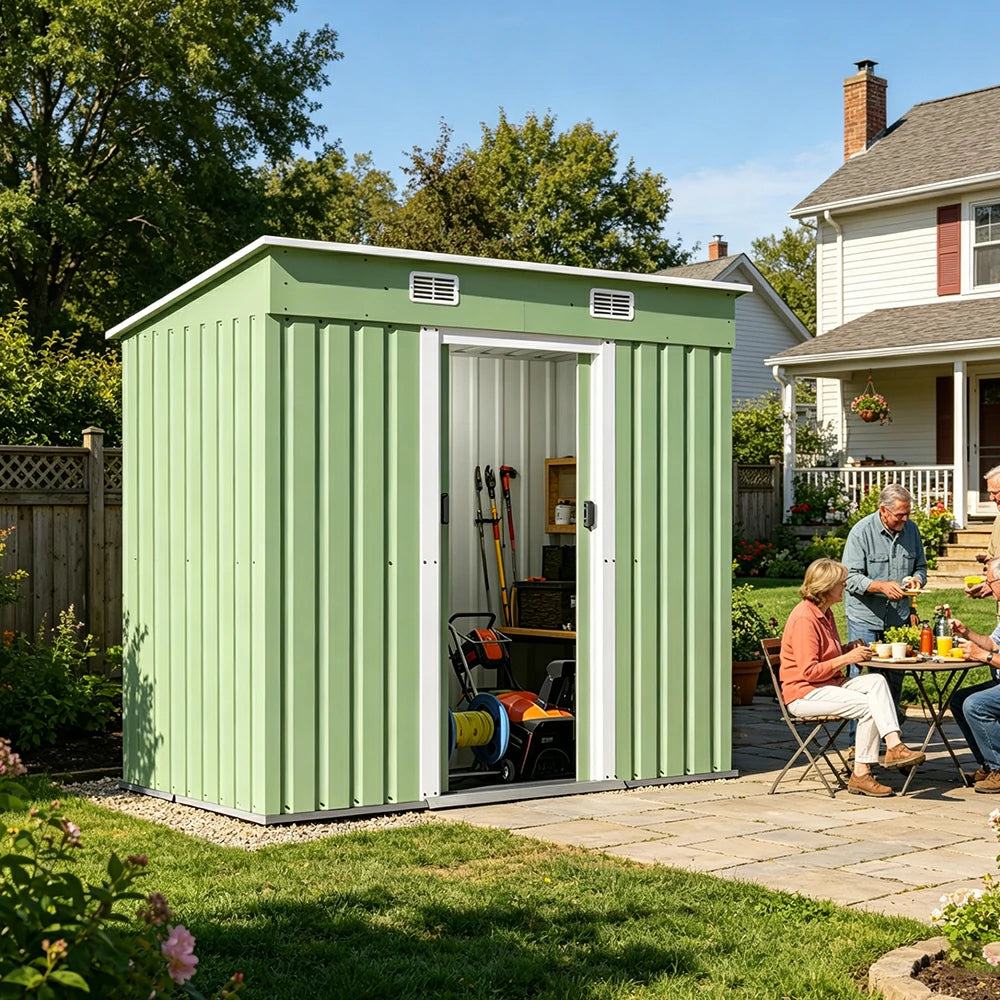 SOLARA Yard Storage Shed Sloped Roof High Strength Steel Sliding Door Secure for Tools Bicycles - Green