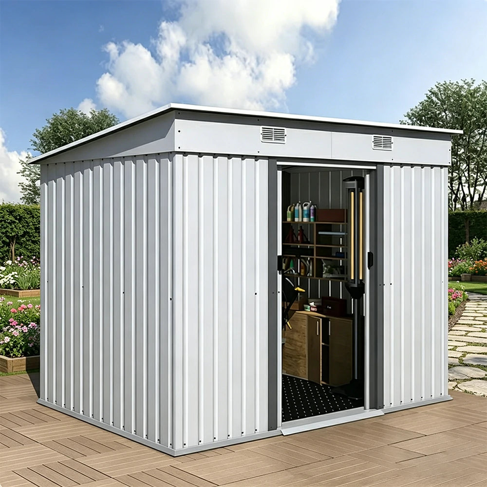 SOLARA Garden Storage Shed Sloped Roof Rust Resistant Ventilated Multi Purpose Outdoor Organizer - White