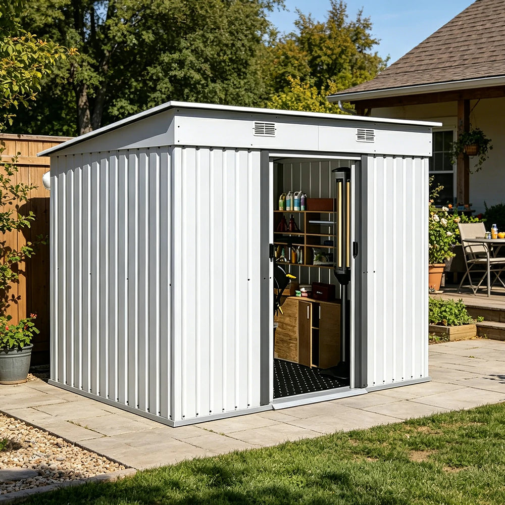 SOLARA Garden Storage Shed Sloped Roof Rust Resistant Ventilated Multi Purpose Outdoor Organizer - White