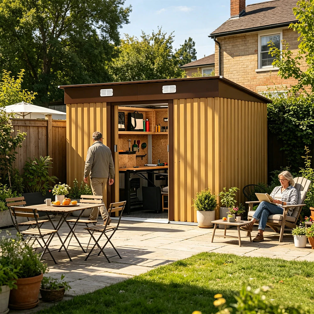 SOLARA Garden Storage Shed Sloped Roof Rust Resistant Ventilated Multi Purpose Outdoor Organizer - Yellow